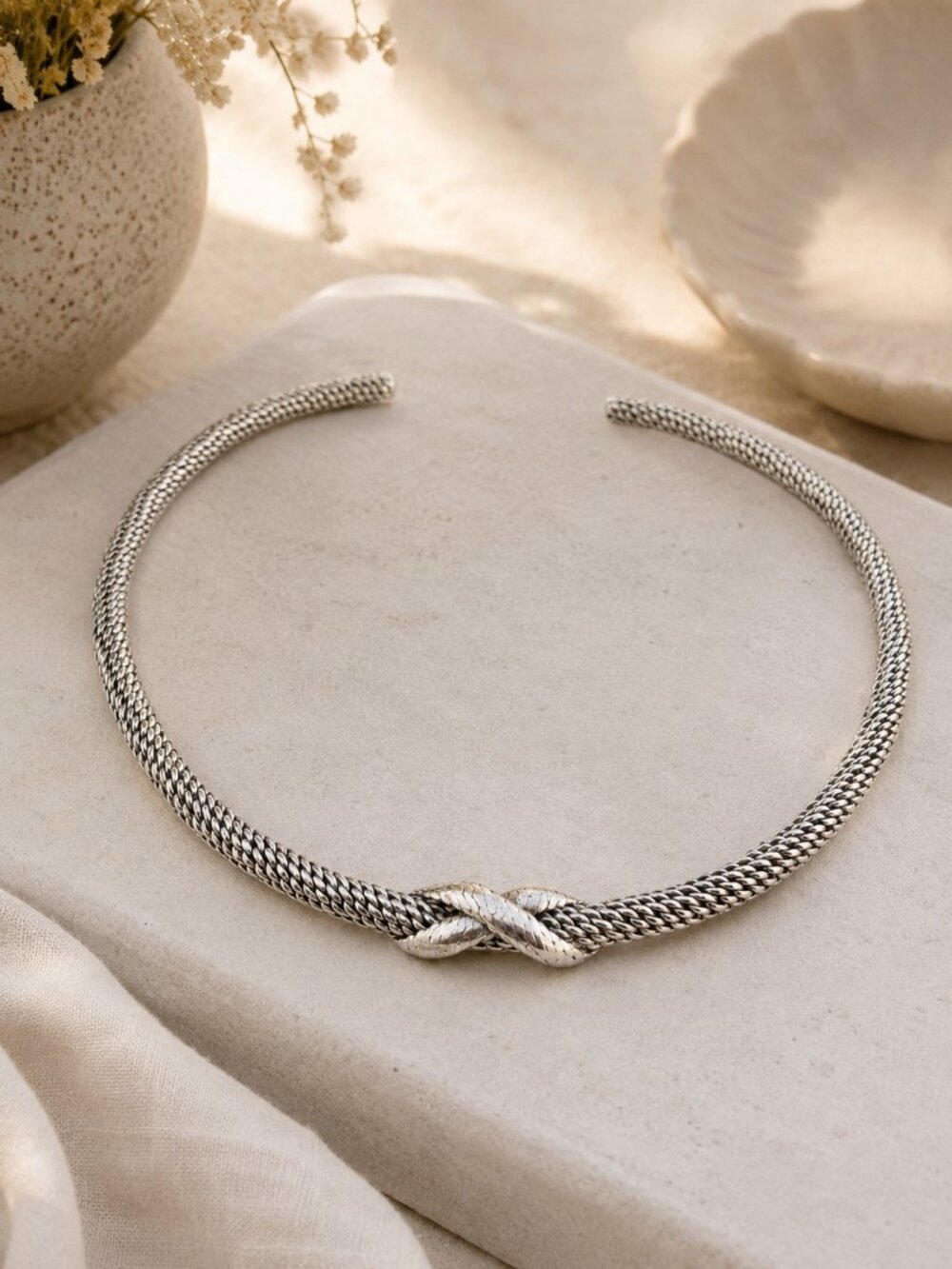 Vintage Mexico 925 Sterling Silver Modernist Woven Torque Collar Necklace